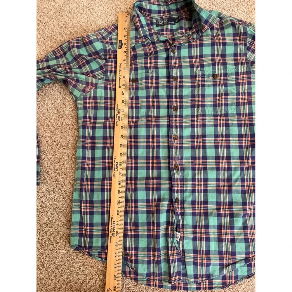 Vintage Polo Ralph Lauren Men Button Down Shirt Large Teal Plaid Dual Pockets